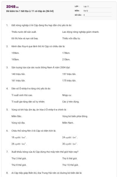 Đề kiểm tra 1 tiết Địa Lí 11 có đáp án (Đề 64)