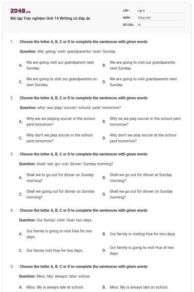 Bài tập Trắc nghiệm Unit 14 Writing có đáp án