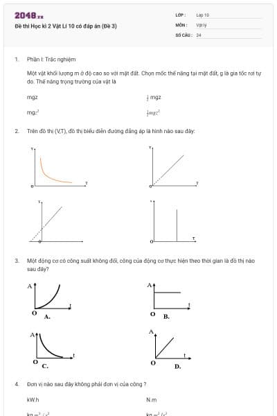 Đề thi Học kì 2 Vật Lí 10 có đáp án (Đề 3)