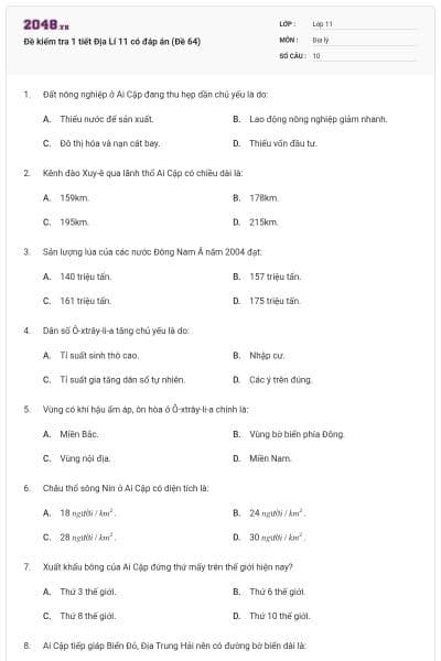 Đề kiểm tra 1 tiết Địa Lí 11 có đáp án (Đề 64)