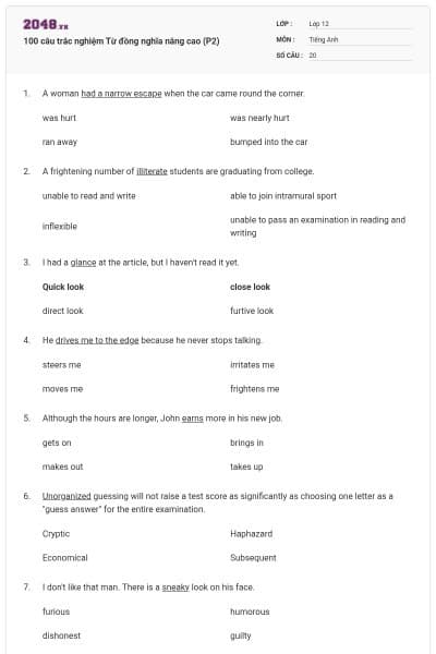 100 câu trắc nghiệm Từ đồng nghĩa nâng cao (P2)