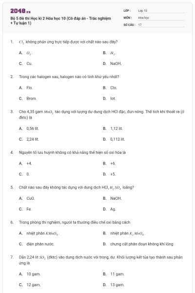 Bộ 5 Đề thi Học kì 2 Hóa học 10 (Có đáp án - Trắc nghiệm + Tự luận 1)