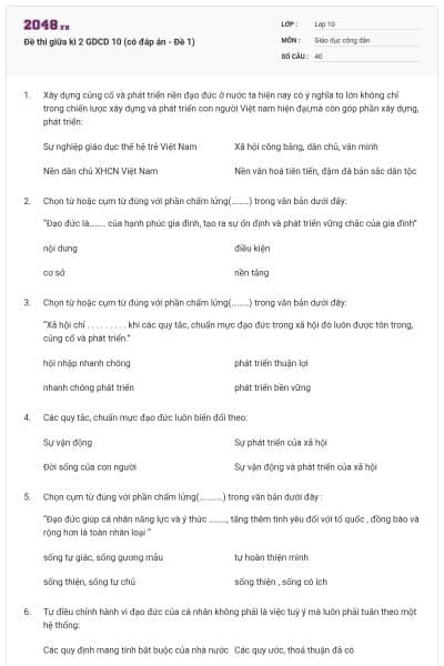 Đề thi giữa kì 2 GDCD 10 (có đáp án - Đề 1)