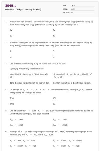 Đề thi Vật Lí 9 Học kì 1 có đáp án (Đề 3)