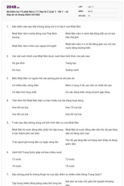 Đề kiểm tra 15 phút Địa Lí 11 Học kì 2 (Lần 1 - Đề 1 - có đáp án và thang điểm chi tiết)