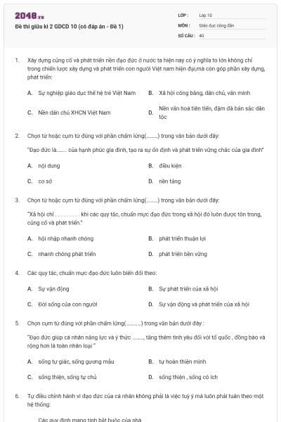 Đề thi giữa kì 2 GDCD 10 (có đáp án - Đề 1)