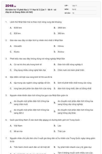 Đề kiểm tra 15 phút Địa Lí 11 Học kì 2 (Lần 1 - Đề 4 - có đáp án và thang điểm chi tiết)