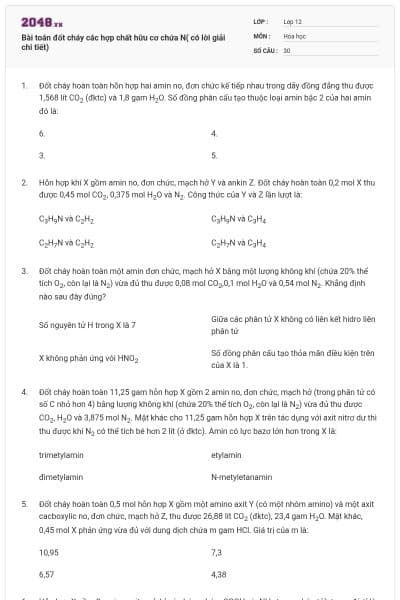 Bài toán đốt cháy các hợp chất hữu cơ chứa N( có lời giải chi tiết)