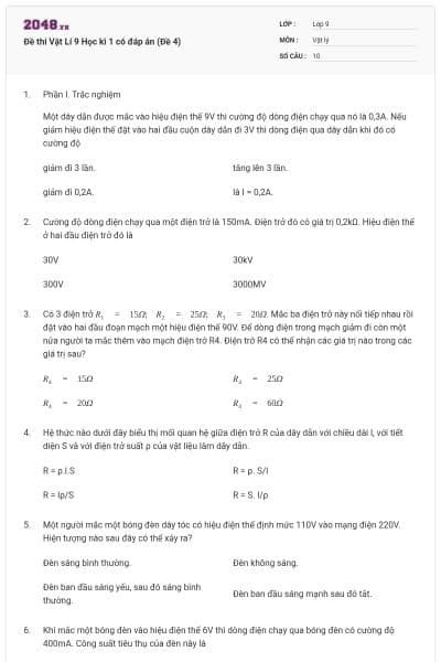 Đề thi Vật Lí 9 Học kì 1 có đáp án (Đề 4)