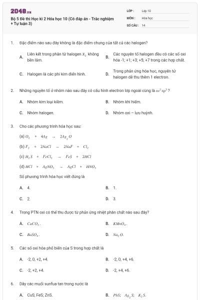 Bộ 5 Đề thi Học kì 2 Hóa học 10 (Có đáp án - Trắc nghiệm + Tự luận 3)