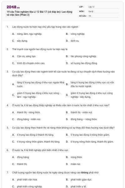 19 câu Trắc nghiệm Địa Lí 12 Bài 17 (có đáp án): Lao động và việc làm (Phần 3)