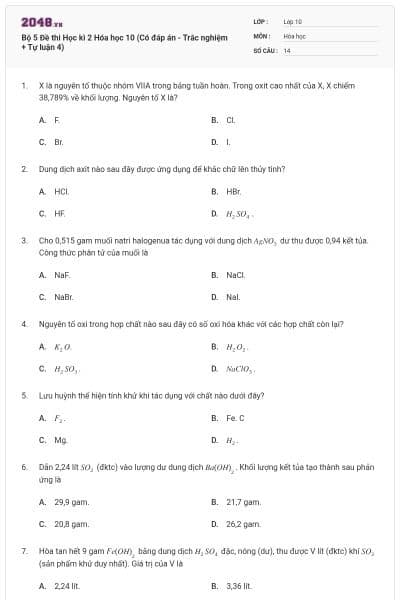 Bộ 5 Đề thi Học kì 2 Hóa học 10 (Có đáp án - Trắc nghiệm + Tự luận 4)