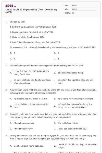 Lịch sử 12 Lịch sử thế giới hiện đại (1945 - 2000) có đáp án(P2)