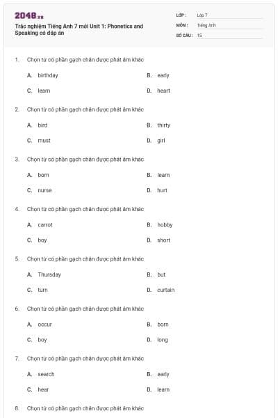 Trắc nghiệm Tiếng Anh 7 mới Unit 1: Phonetics and Speaking có đáp án