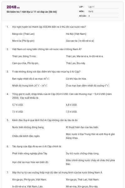 Đề kiểm tra 1 tiết Địa Lí 11 có đáp án (Đề 66)