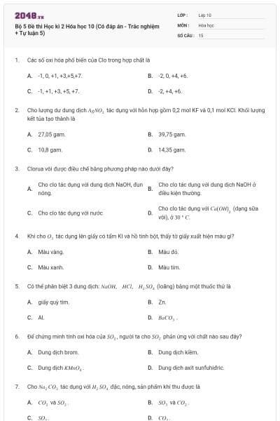 Bộ 5 Đề thi Học kì 2 Hóa học 10 (Có đáp án - Trắc nghiệm + Tự luận 5)