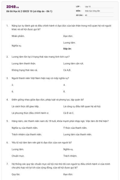 Đề thi Học kì 2 GDCD 10 (có đáp án - Đề 1)