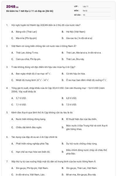 Đề kiểm tra 1 tiết Địa Lí 11 có đáp án (Đề 66)
