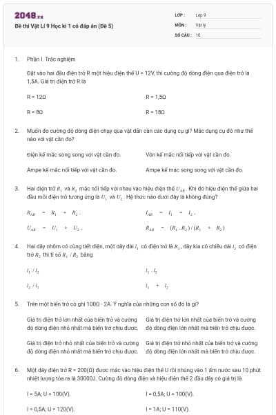 Đề thi Vật Lí 9 Học kì 1 có đáp án (Đề 5)