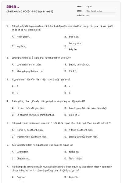 Đề thi Học kì 2 GDCD 10 (có đáp án - Đề 1)