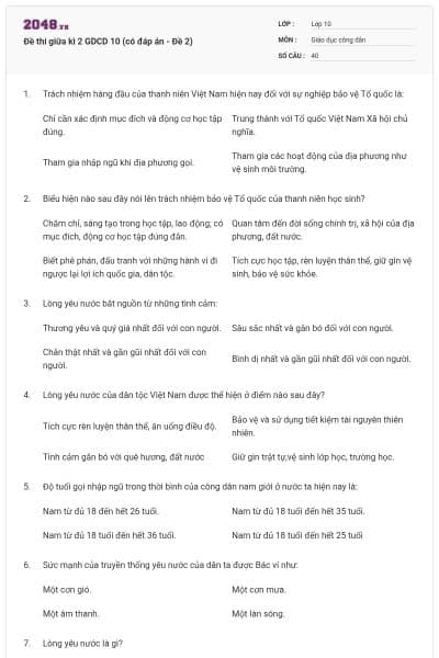 Đề thi giữa kì 2 GDCD 10 (có đáp án - Đề 2)