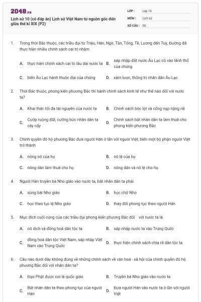 Lịch sử 10 (có đáp án) Lịch sử Việt Nam từ nguồn gốc đến giữa thế kỉ XIX (P2)