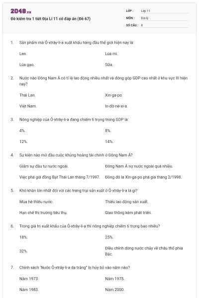 Đề kiểm tra 1 tiết Địa Lí 11 có đáp án (Đề 67)