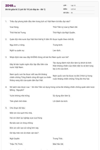 Đề thi giữa kì 2 Lịch Sử 10 (có đáp án - Đề 1)