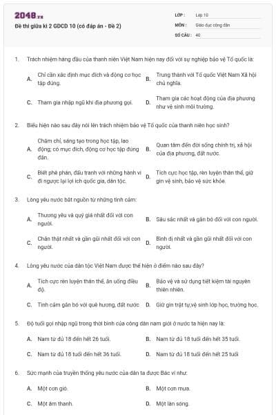 Đề thi giữa kì 2 GDCD 10 (có đáp án - Đề 2)