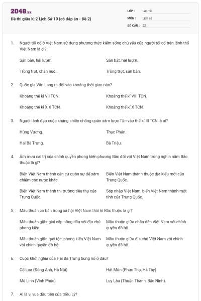Đề thi giữa kì 2 Lịch Sử 10 (có đáp án - Đề 2)