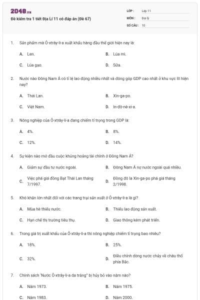 Đề kiểm tra 1 tiết Địa Lí 11 có đáp án (Đề 67)