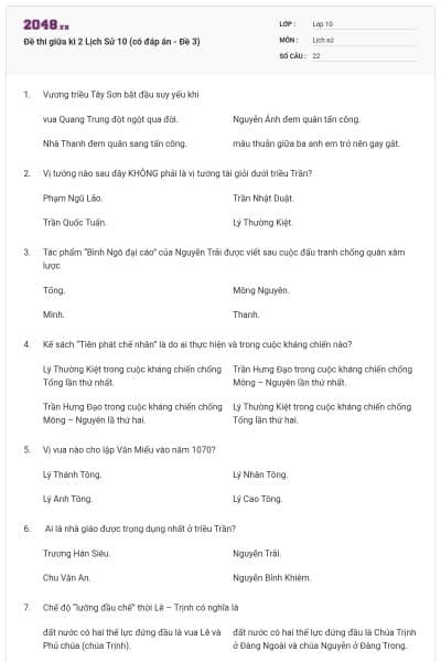 Đề thi giữa kì 2 Lịch Sử 10 (có đáp án - Đề 3)