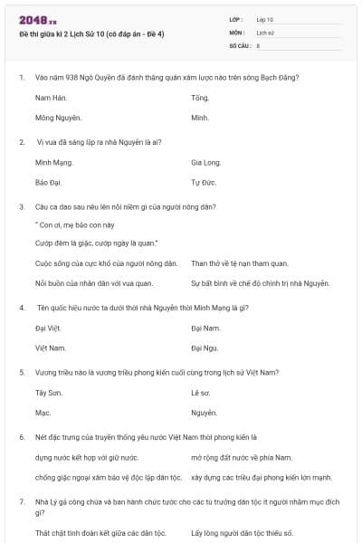 Đề thi giữa kì 2 Lịch Sử 10 (có đáp án - Đề 4)