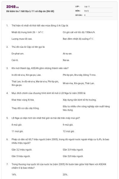 Đề kiểm tra 1 tiết Địa Lí 11 có đáp án (Đề 68)