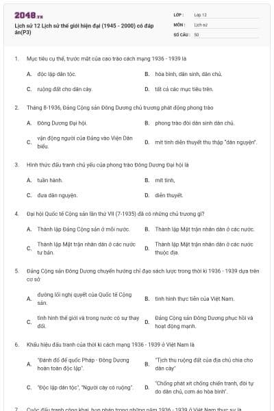 Lịch sử 12 Lịch sử thế giới hiện đại (1945 - 2000) có đáp án(P3)