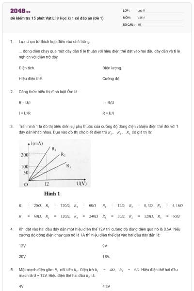 Đề kiểm tra 15 phút Vật Lí 9 Học kì 1 có đáp án (Đề 1)