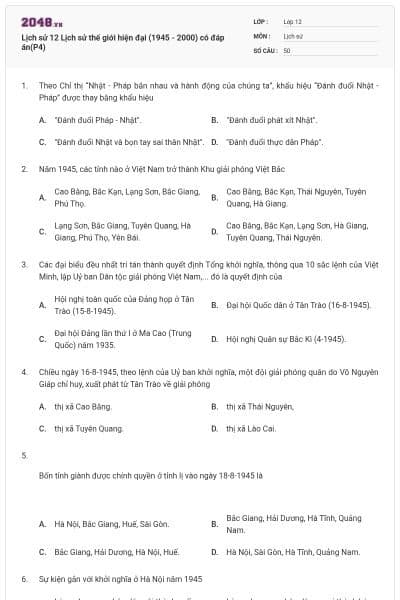 Lịch sử 12 Lịch sử thế giới hiện đại (1945 - 2000) có đáp án(P4)