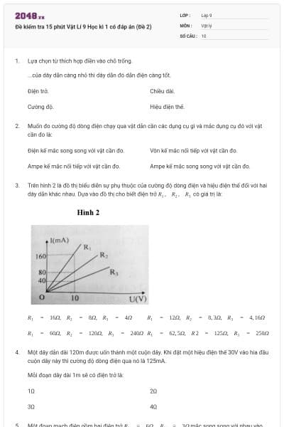 Đề kiểm tra 15 phút Vật Lí 9 Học kì 1 có đáp án (Đề 2)