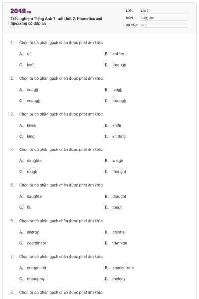 Trắc nghiệm Tiếng Anh 7 mới Unit 2: Phonetics and Speaking có đáp án