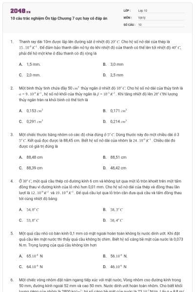 10 câu trắc nghiệm Ôn tập Chương 7 cực hay có đáp án