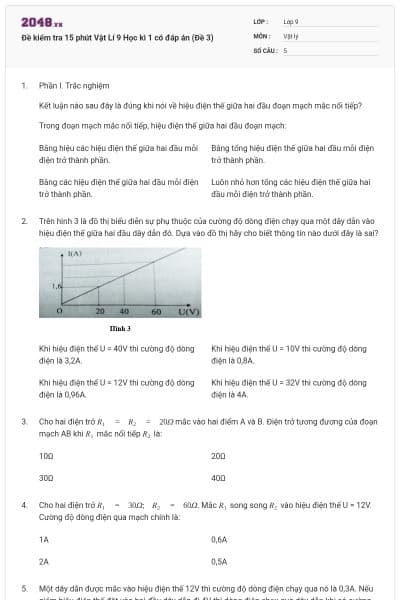 Đề kiểm tra 15 phút Vật Lí 9 Học kì 1 có đáp án (Đề 3)