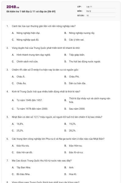 Đề kiểm tra 1 tiết Địa Lí 11 có đáp án (Đề 69)