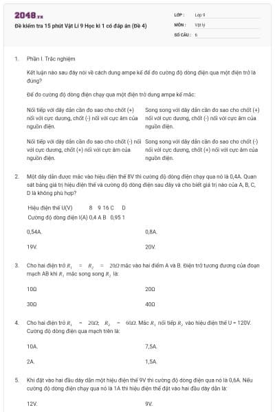 Đề kiểm tra 15 phút Vật Lí 9 Học kì 1 có đáp án (Đề 4)