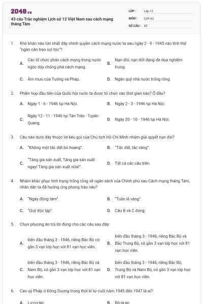 43 câu Trắc nghiệm Lịch sử 12 Việt Nam sau cách mạng tháng Tám