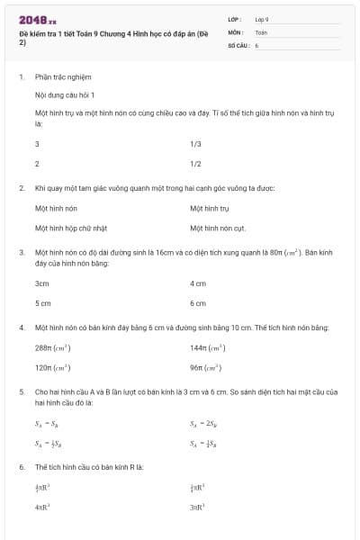 Đề kiểm tra 1 tiết Toán 9 Chương 4 Hình học có đáp án (Đề 2)