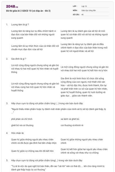 Đề thi giữa kì 2 GDCD 10 (có đáp án - Đề 3)