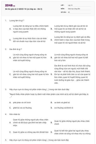Đề thi giữa kì 2 GDCD 10 (có đáp án - Đề 3)