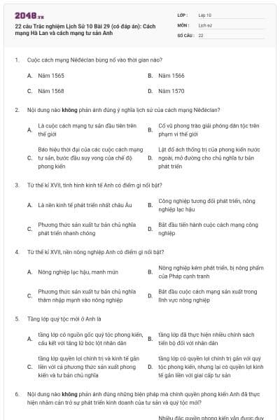 22 câu Trắc nghiệm Lịch Sử 10 Bài 29 (có đáp án): Cách mạng Hà Lan và cách mạng tư sản Anh