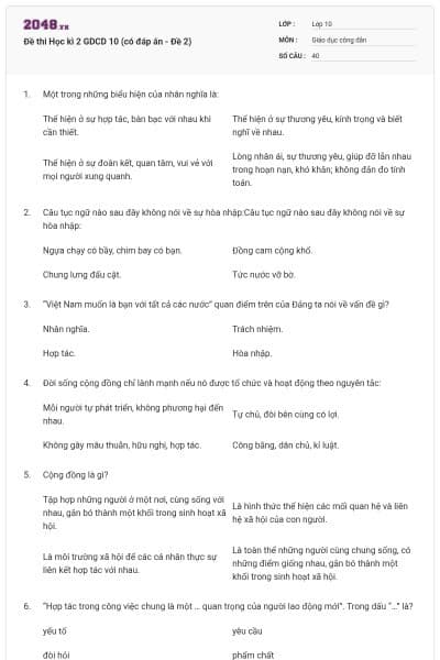 Đề thi Học kì 2 GDCD 10 (có đáp án - Đề 2)