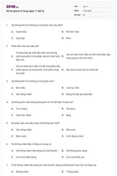 Đề thi giữa kì 2 Công nghệ 11 (Đề 4)